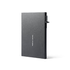 Mark Ryden VaultPop ultra-thin metal card holder in dark gray with textured surface and side lever, featuring the brand logo for secure card protection.