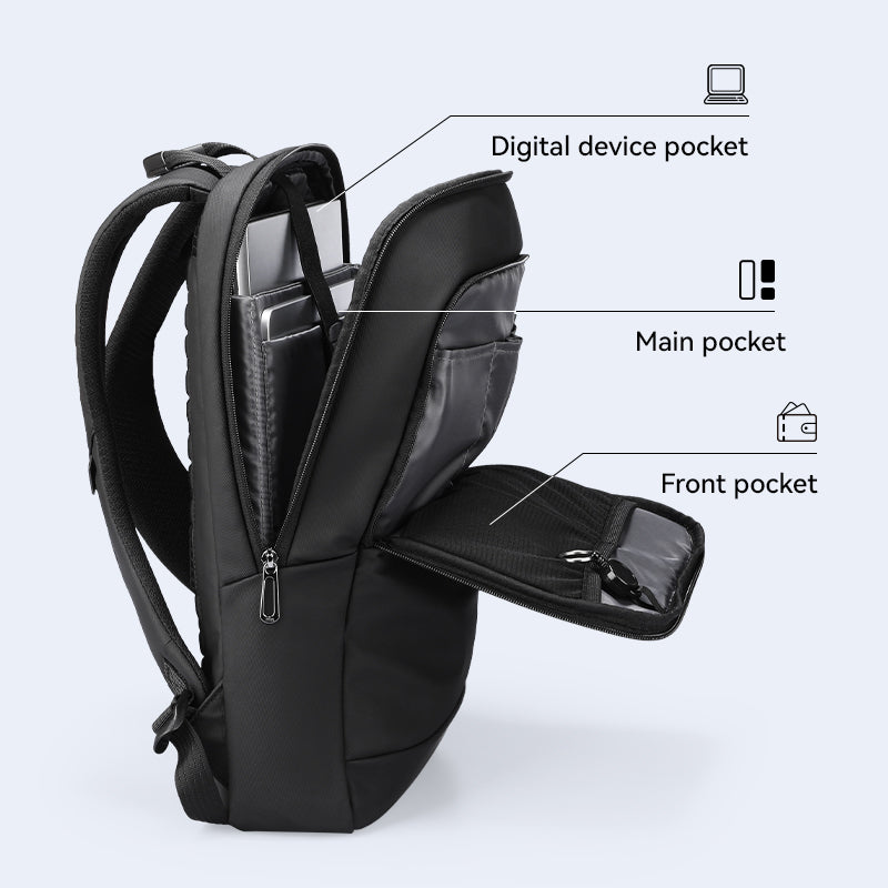 Black UrbanLite Pro sleek water-resistant business travel backpack with open digital device, main, and front pockets for organized storage.