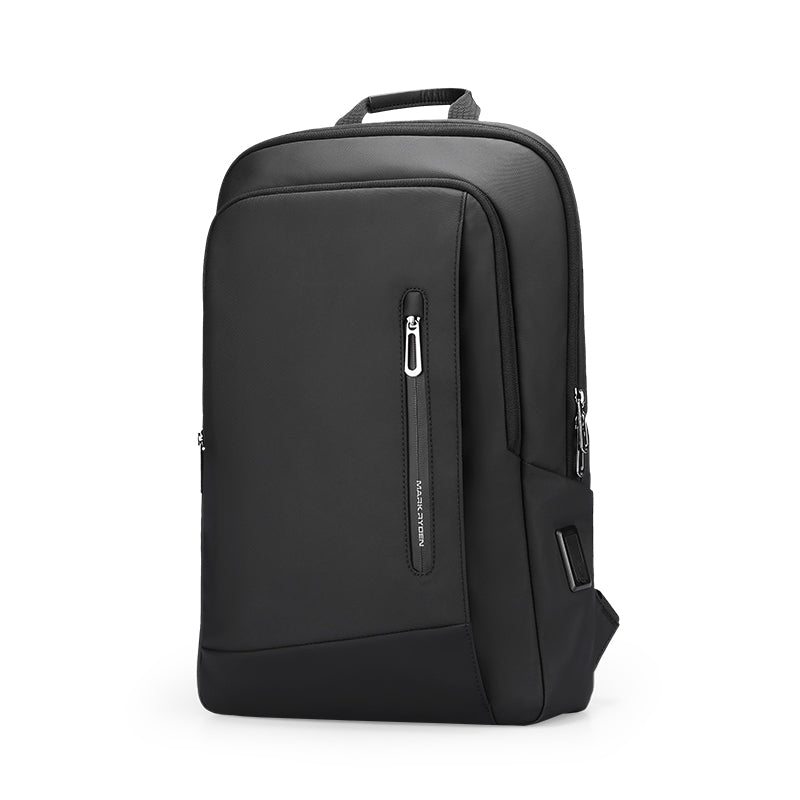 MarkRyden Global's sleek black water-resistant business travel backpack with silver zipper detail