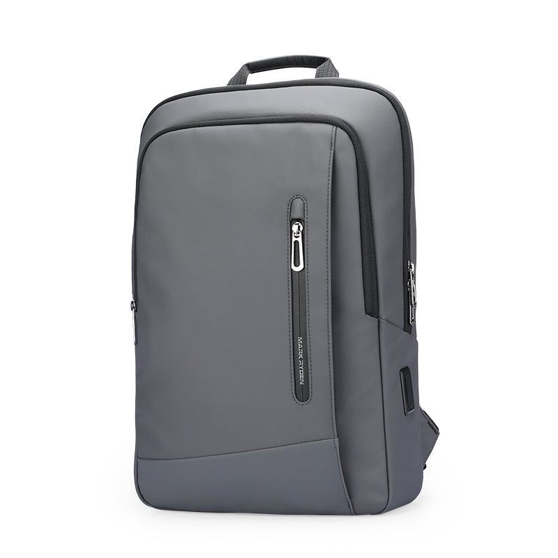 Sleek gray water-resistant MarkRyden UrbanLite Pro business travel backpack with zip pocket