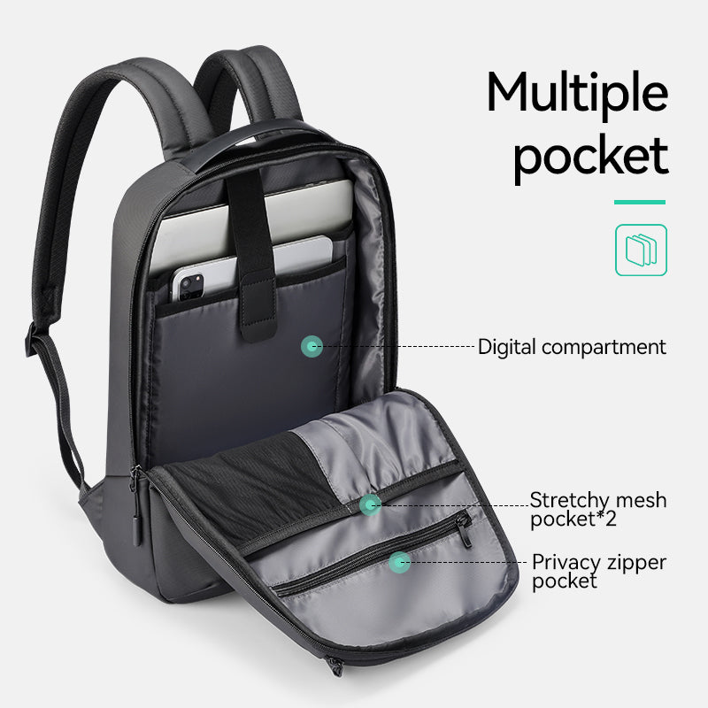 Black compact laptop backpack with multiple pockets, digital compartment, mesh & privacy pockets - MarkRyden Global