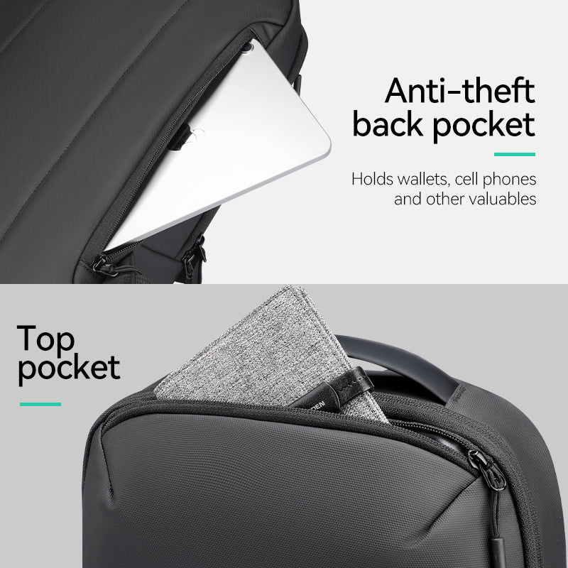 Mark Ryden ZenOrganizer backpack with anti-theft back pocket holding laptop