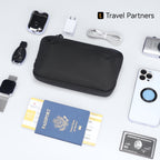 Black Switchstorage IV convertible toiletry crossbody bag for modern travelers, displayed with travel essentials like passport, smartphone, camera, and accessories.