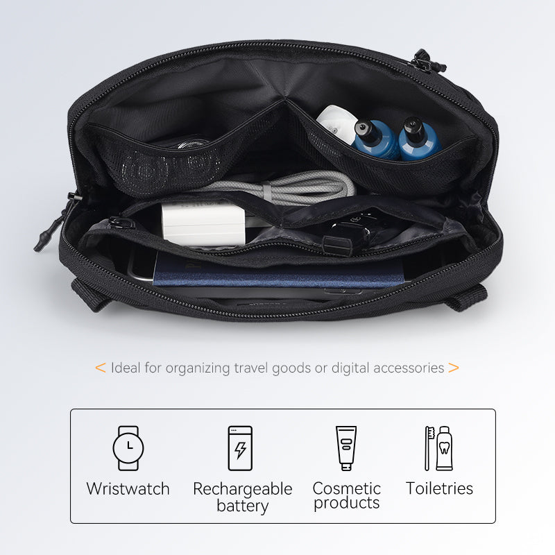 MarkRyden Global's Switchstorage IV black convertible toiletry crossbodyfor modern travelers, with organized compartments.