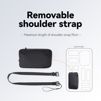 Black Switchstorage IV Convertible Toiletry Crossbody Bag with removable shoulder strap (max 70cm) displayed next to luggage organization layout.