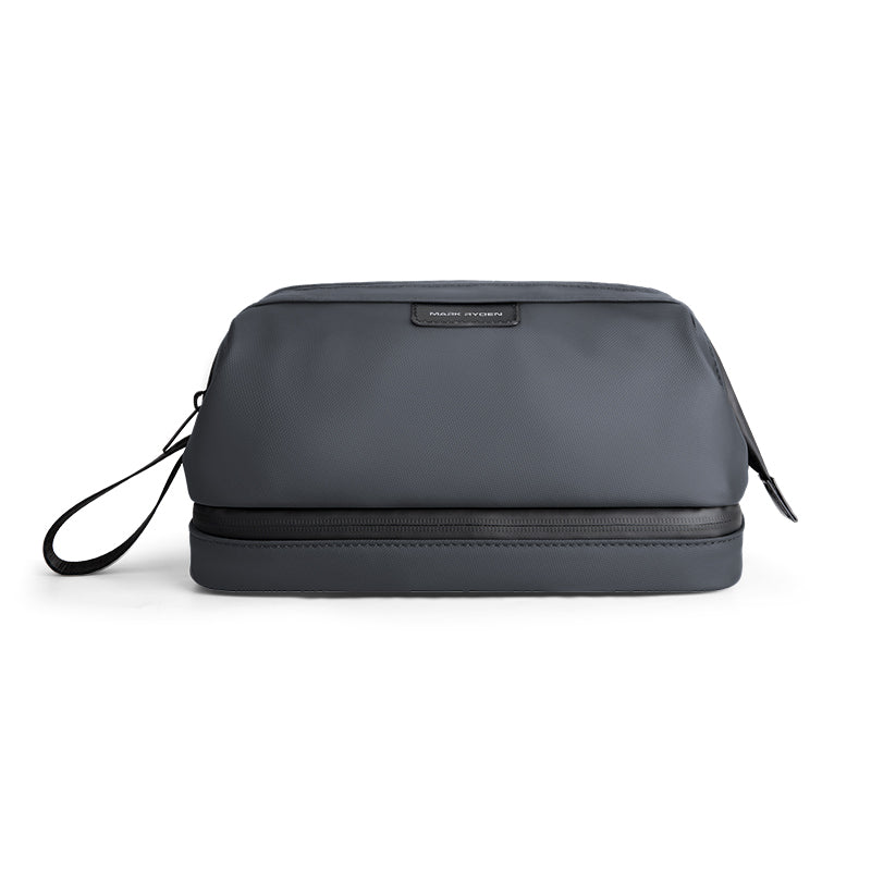 Mark Ryden Global dark gray toiletry bag with wet/dry areas, wrist strap, modern travel essential
