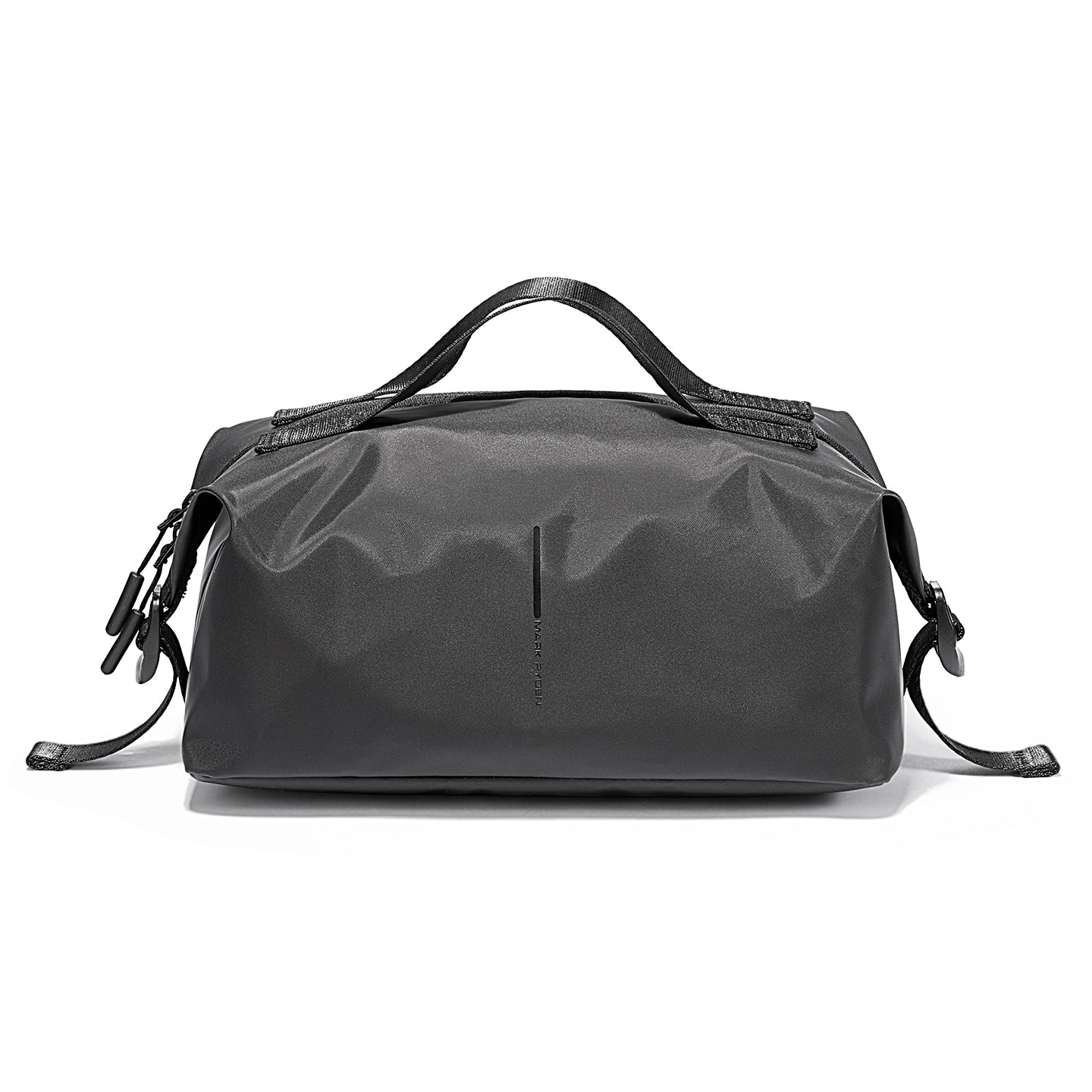 Mark Ryden AquaCube 3D waterproof organizer cube in charcoal gray with top handle and adjustable side straps for packing.