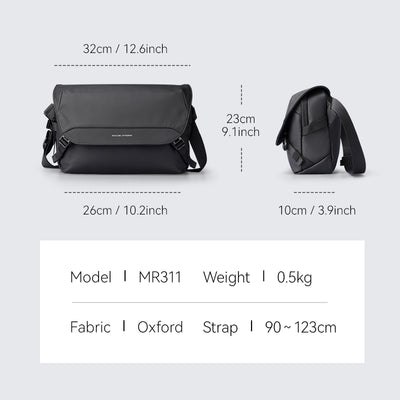 Black GameFlow Waterproof Switch Sling Bag for Urban Gamers, Oxford fabric, model MR311, 0.5kg weight, dimensions 32x26x23cm, adjustable strap 90-123cm.