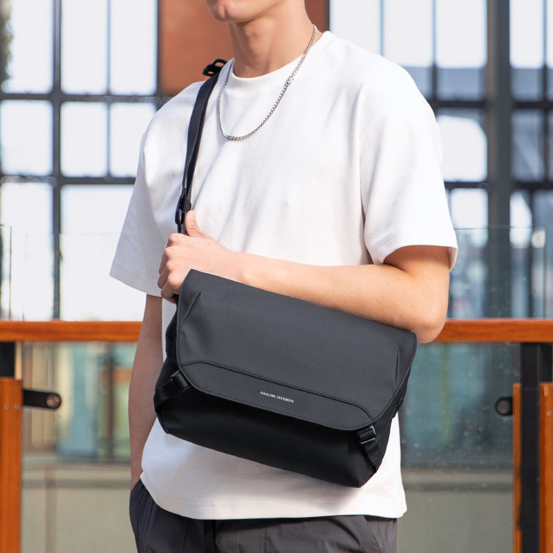 Mark Ryden black waterproof sling bag for urbangamers, modern setting
