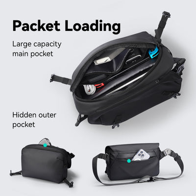 Black waterproof GameFlow sling bag with large main pocket & hidden pocket for urban gamers