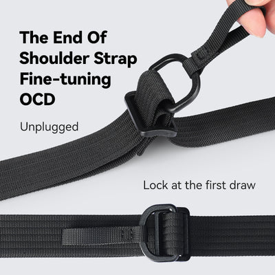 Close-up of GameFlow 500g waterproof Switch sling bag's black shoulder strap with fine-tuning D-ring and lock mechanism for secure adjustment.