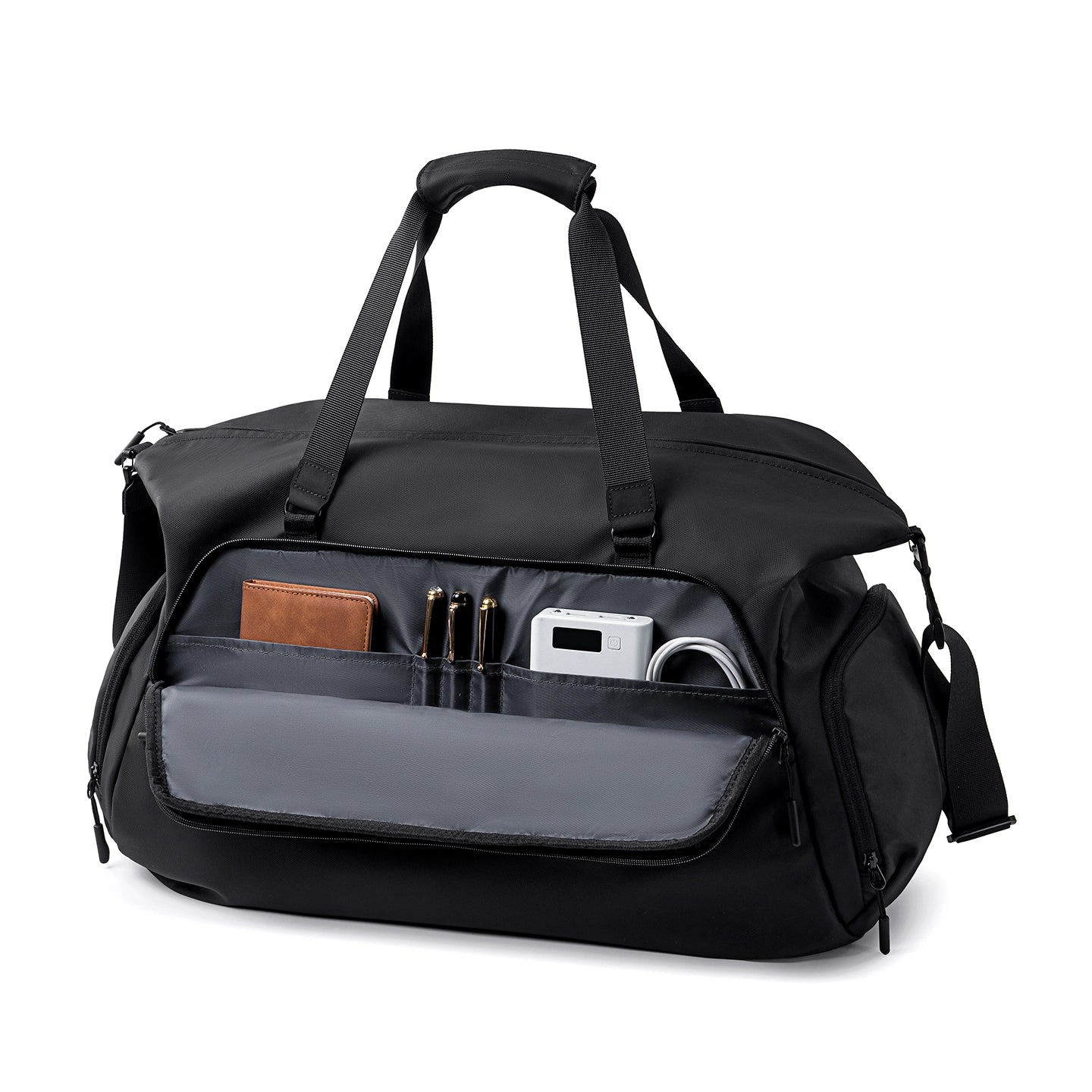 Black TransitPro large weekender business travel duffel bag with organized front pocket