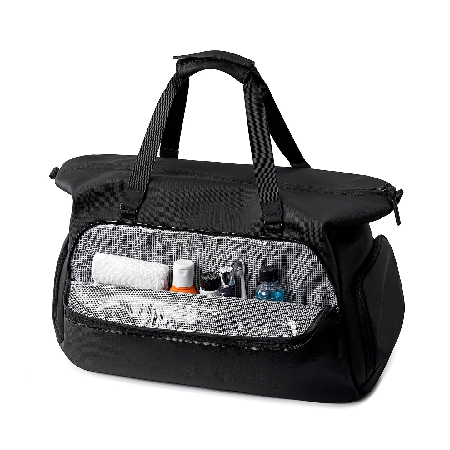 Mark Ryden Global black TransitPro men's travel duffel bag with mesh pocket showing toiletries