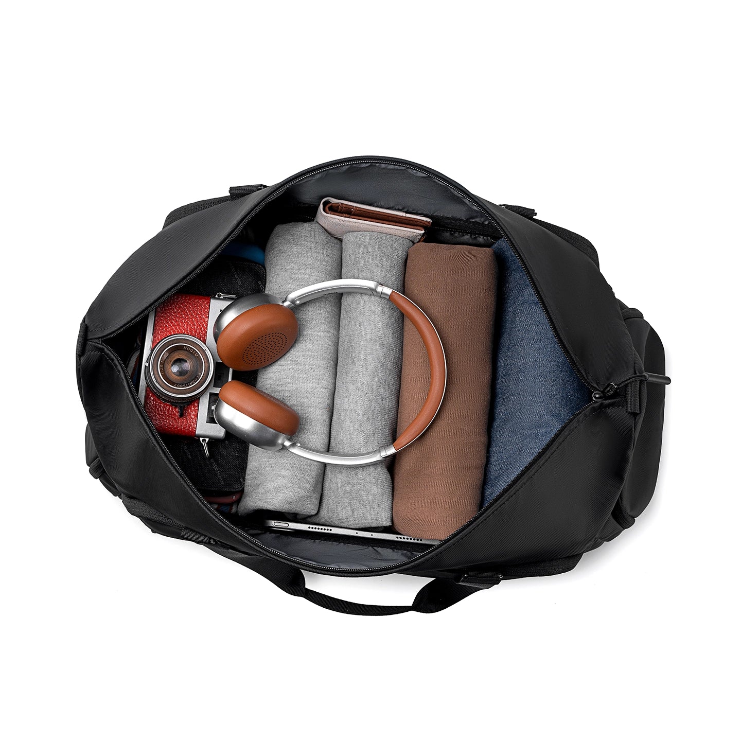 Black TransitPro duffel bag with clothes, camera, headphones - MARK RYDEN travel bag