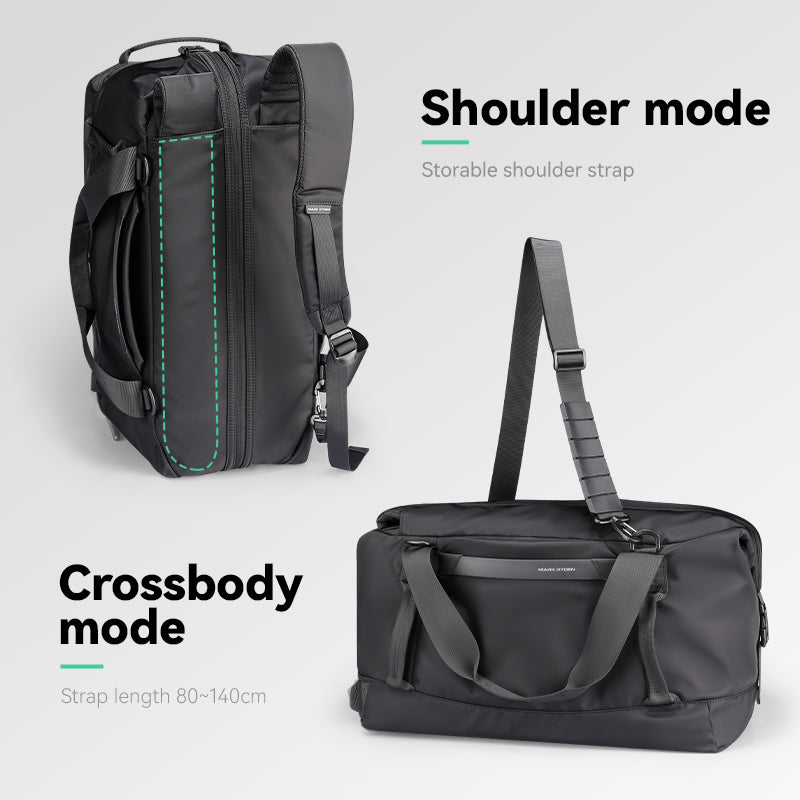 Mark Ryden NomadFlex 3-in-1 Waterproof Gym Bag in black, showing shoulder (storable strap) and crossbody (80-140cm strap) modes.