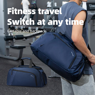 Navy blue TripVault travel duffel bag with separate shoe compartment, shown as portable backpack and standalone bag in gym setting.
