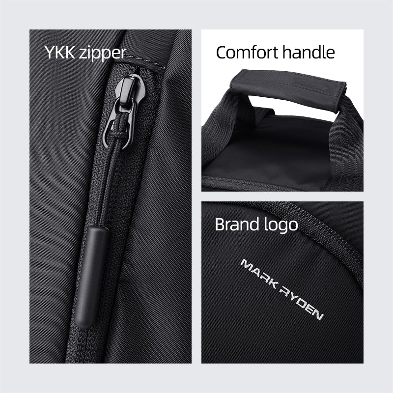 Black TripVault travel duffel bag featuring YKK zipper, comfort handle, and Mark Ryden brand logo.