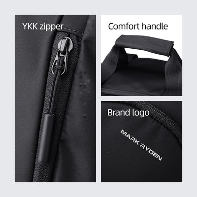 Black TripVault travel duffel bag featuring YKK zipper, comfort handle, and Mark Ryden brand logo.