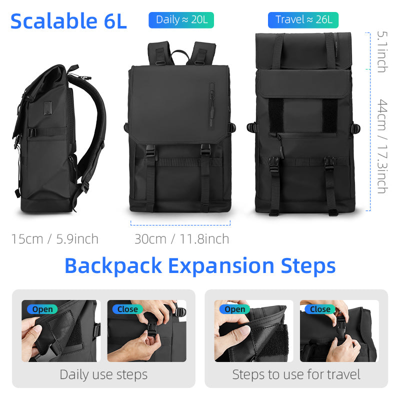 Black expandable multi-pocket backpack showing 6L-26L capacity, front/side/back views, and daily/travel expansion steps.