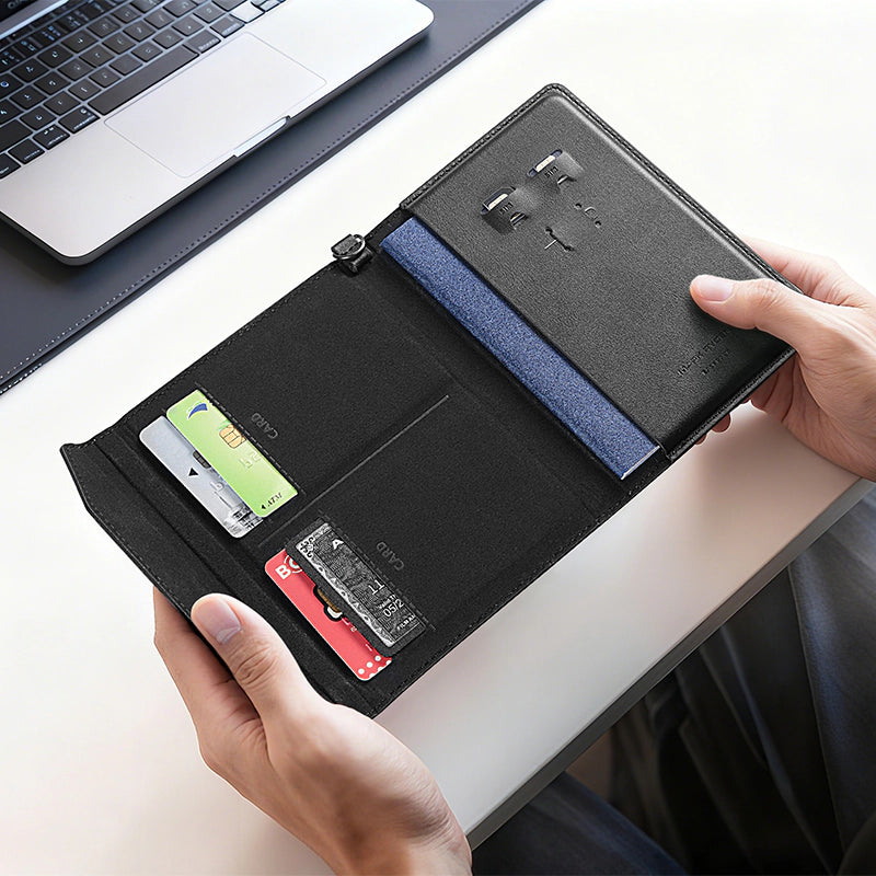 Black MagiPass crossbody travel card wallet with open compartments holding multiple cards, blue RFID protection strip, and textured surface—designed for boarding and travel convenience.