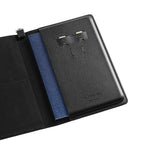 Mark Ryden black leather crossbody travel card wallet with boarding card slots and blue interior
