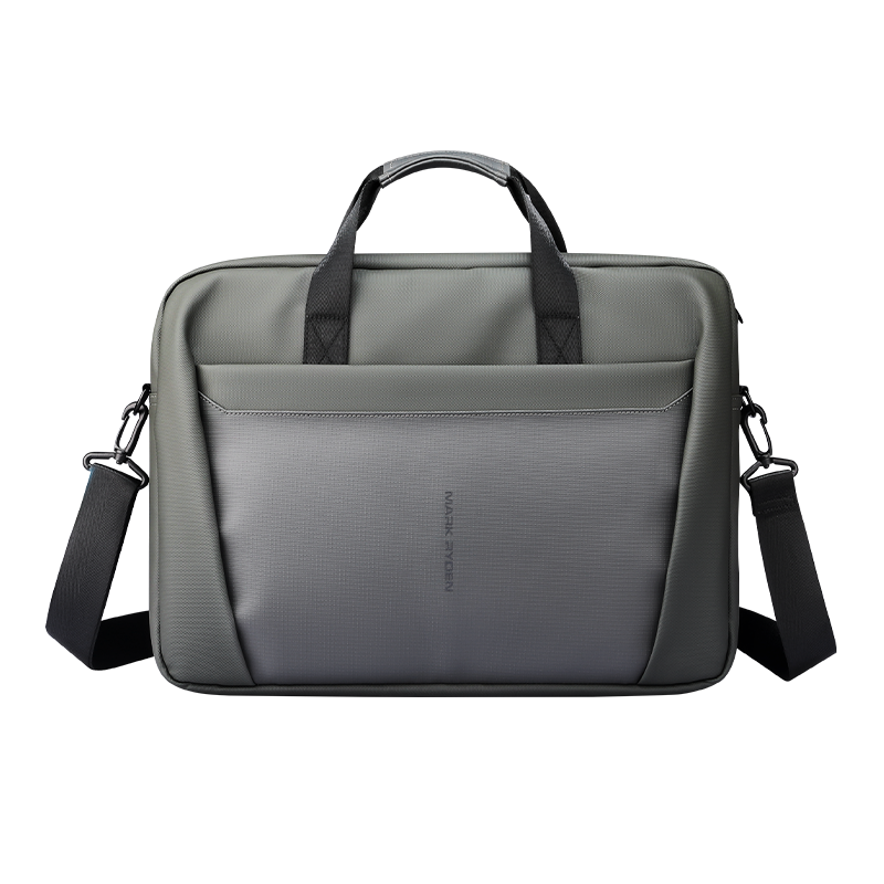 Classic V Featherweight Water-resistant Gray Briefcase by MARK RYDEN, with dual handles and adjustable shoulder straps for urban journeys.