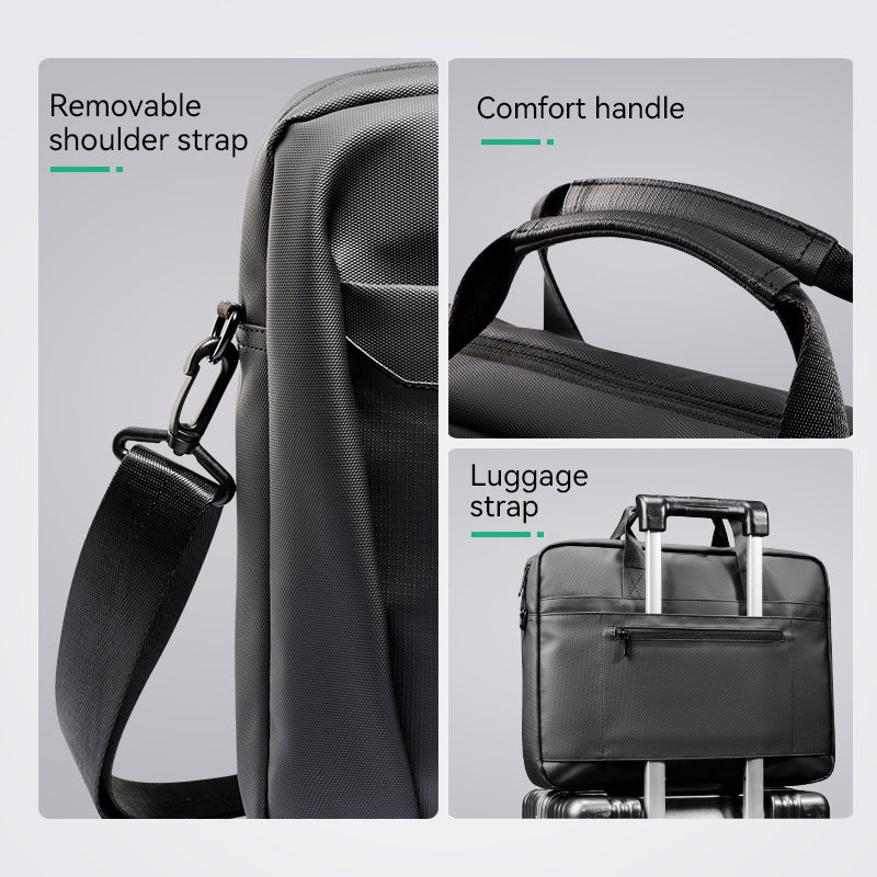Black featherweight water-resistant briefcase with removable shoulder strap, comfort handle & luggage strap attachment