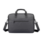 Gray water-resistant featherweight briefcase with handles, shoulder strap, front zip pocket - MarkRyden Global urban journeys