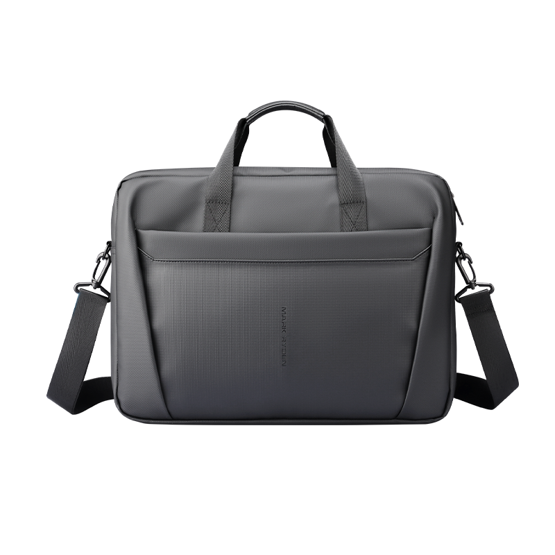 Classic V gray featherweight water-resistant briefcase by Mark Ryden, featuring dual handles, front pocket, and adjustable shoulder strap for urban journeys.