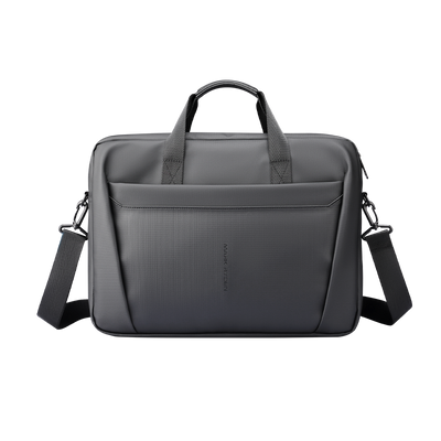 Classic V gray featherweight water-resistant briefcase by Mark Ryden, featuring dual handles, front pocket, and adjustable shoulder strap for urban journeys.