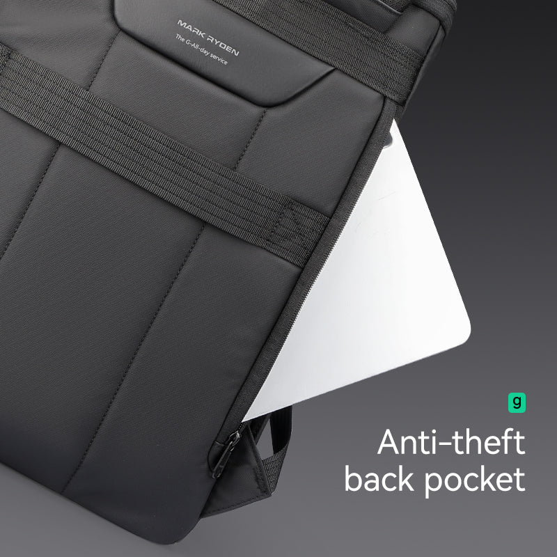 Black Mark Ryden AeroShield 2025 backpack with anti-theft back pocket holding a white laptop, durable waterproof design for modern travelers.