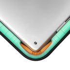 CloudCase Ultra-Thin Laptop Sleeve with 360° Protection: Silver laptop in sleeve featuring teal grid interior, orange shock-absorbing padding, and black outer layer for full protection.