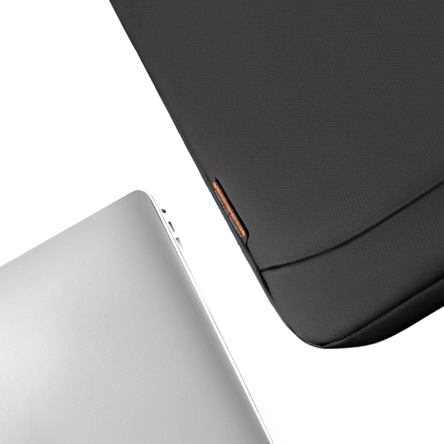 CloudCase Ultra-Thin Black Laptop Sleeve with Orange Accent, shown beside a silver laptop for 360° protection.