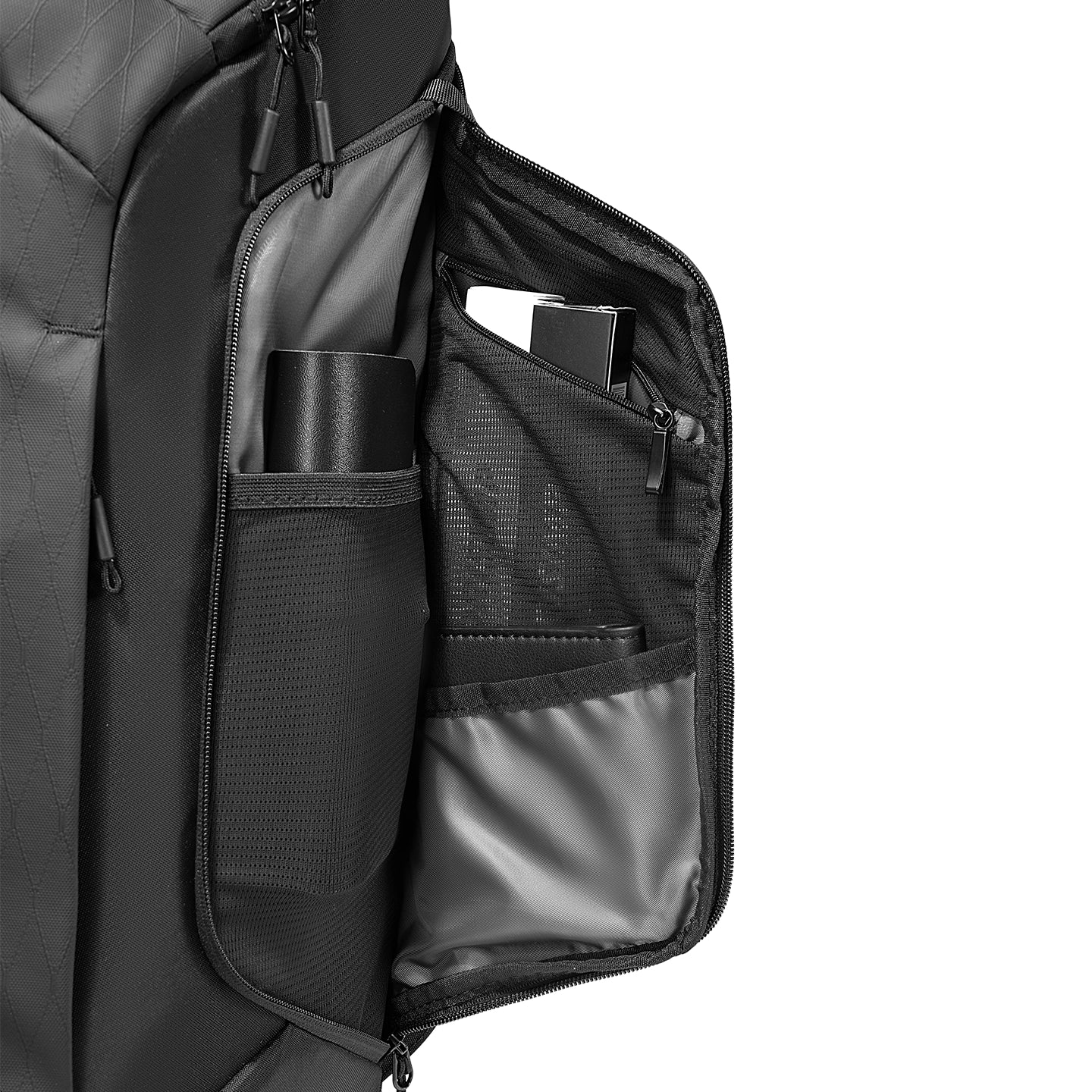 Mark Ryden Global's black AeroLock backpack interior with multiple zippered compartments