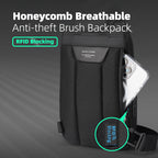 Black honeycomb breathable anti-theft brush backpack with RFID blocking, showing a smartphone in the pocket and close-up of RFID label.