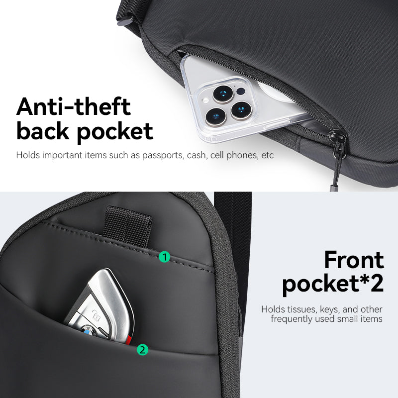 Black anti-theft business sling bag with front pockets, holding phone - MarkRyden Global