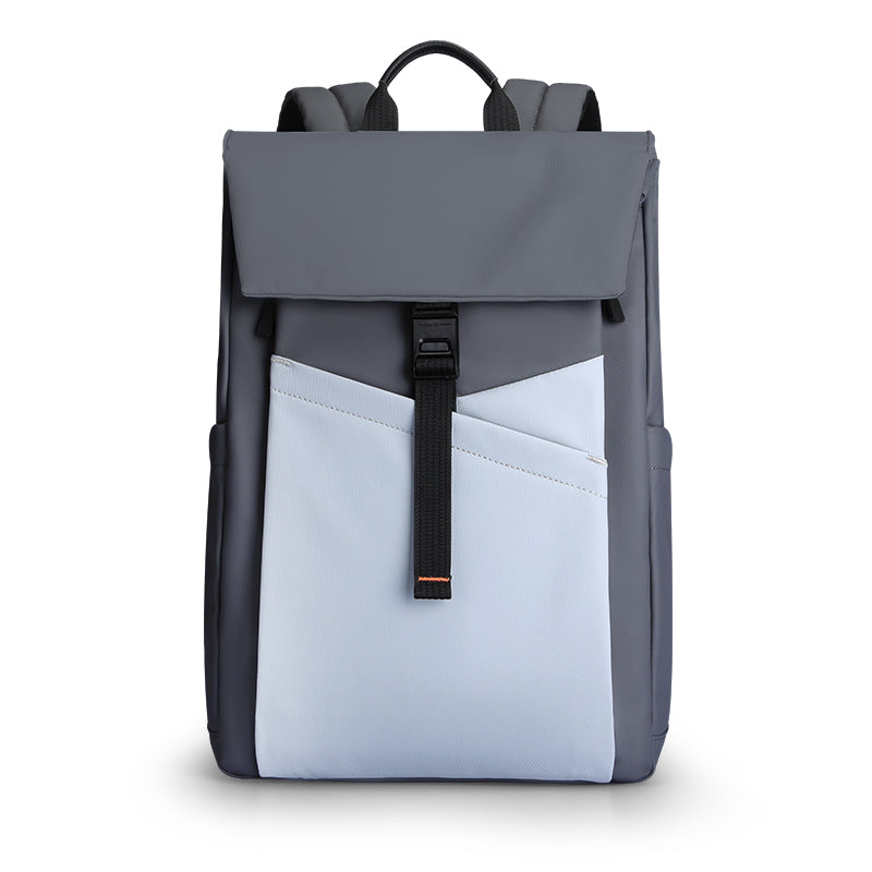 Urbanity Elegant Gray Backpack with spacious compartments, durable design, light blue front pocket with diagonal stitching, black buckle closure, and padded top handle.