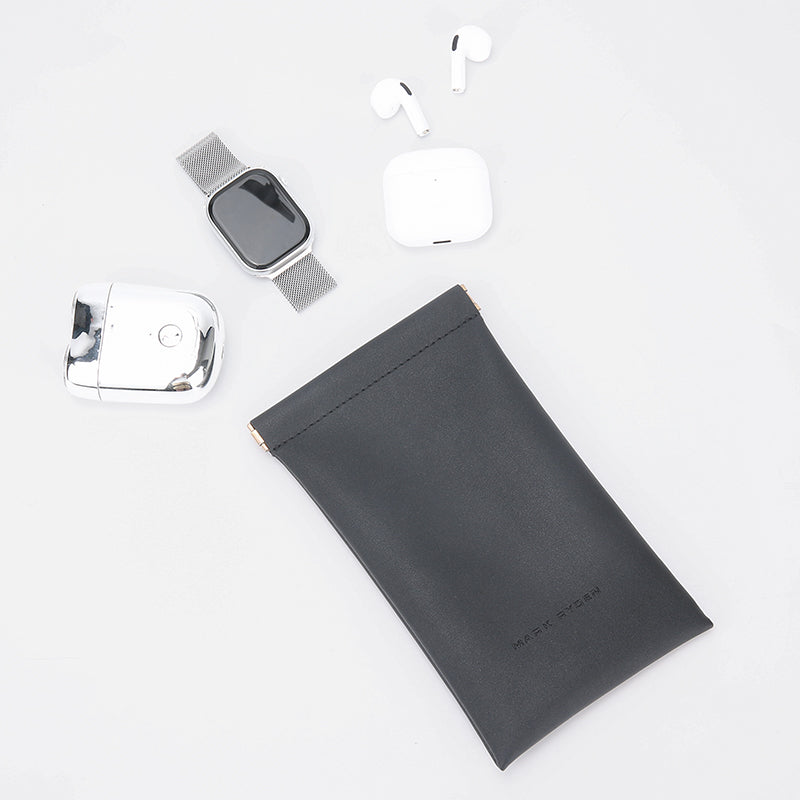 Mark Ryden Global black leather sunglasses pouch for eyeglasses/cables with tech accessories