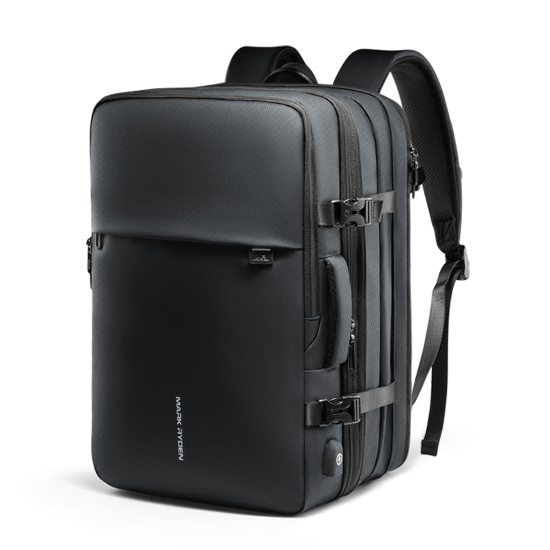 Mark Ryden Global smart-compression travel backpack for frequent flyers - sleek black design with multiple compartments and buckles