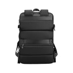 Black Pathrato Pro smart-compression travel backpack featuring mesh panels, multiple zippered compartments, and padded straps designed for frequent flyers.