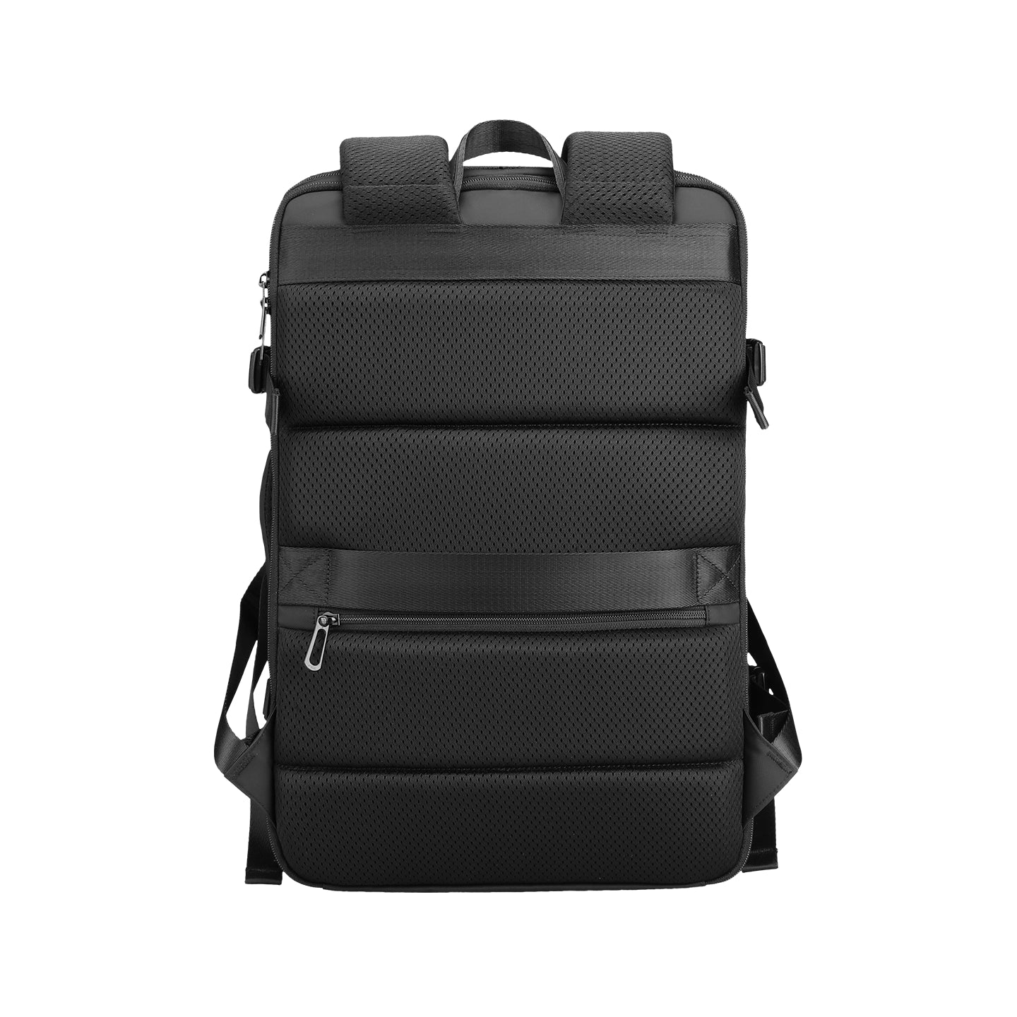 Black Pathrato Pro smart-compression travel backpack featuring mesh panels, multiple zippered compartments, and padded straps designed for frequent flyers.