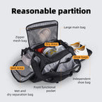 Worksman black and gray polyester travel bag with spacious compartments, dry/wet separation, shoe bags, front functional pocket, and large main section.