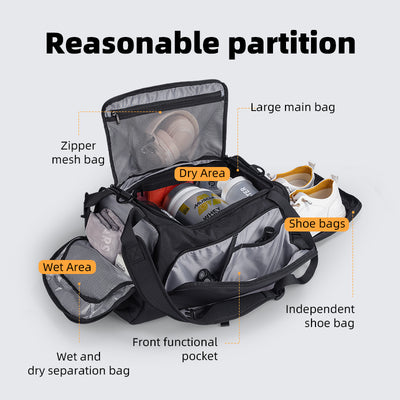 Worksman black and gray polyester travel bag with spacious compartments, dry/wet separation, shoe bags, front functional pocket, and large main section.