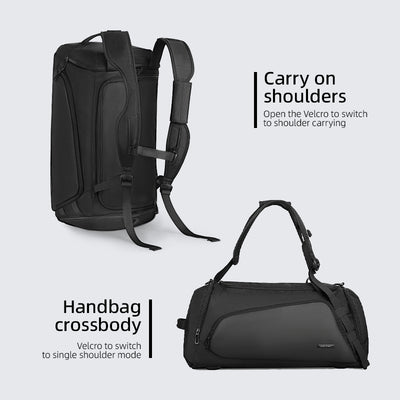 Black Worksman spacious durable polyester travel bag with easy access pockets, convertible between backpack (carry on shoulders) and handbag crossbody modes via Velcro