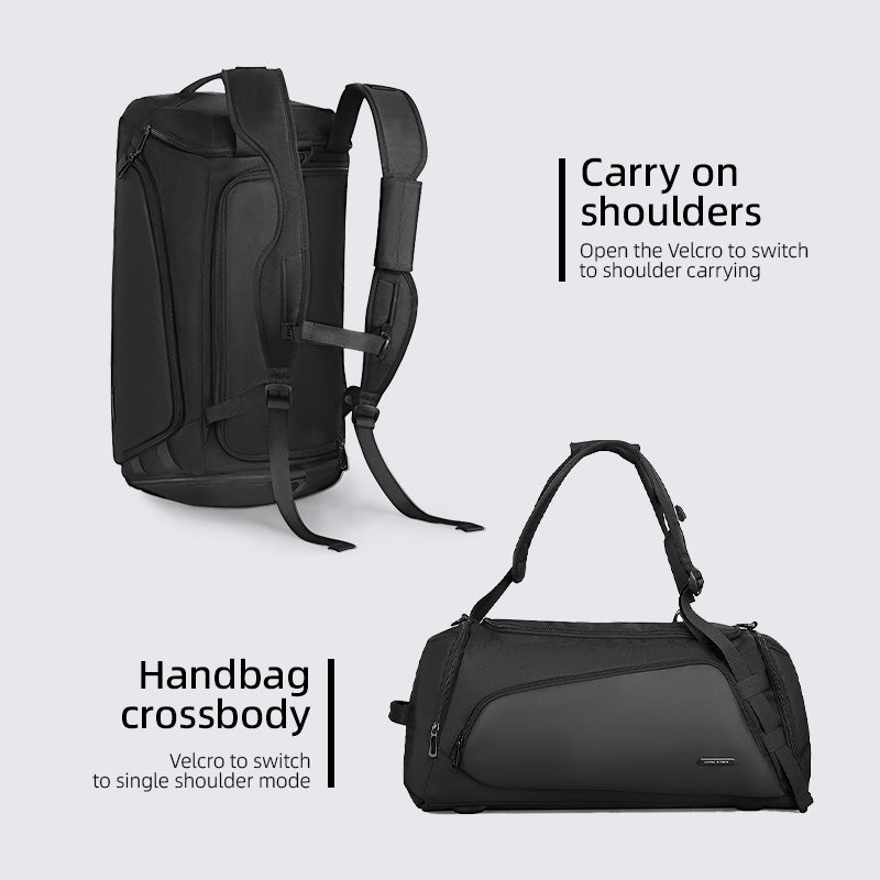 Black Worksman spacious durable polyester travel bag with easy access pockets, convertible between backpack (carry on shoulders) and handbag crossbody modes via Velcro