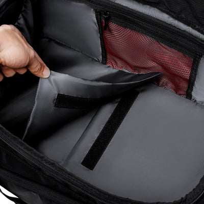 MARK RYDEN Worksman II gym travel duffel interior with wide open design and red mesh compartment