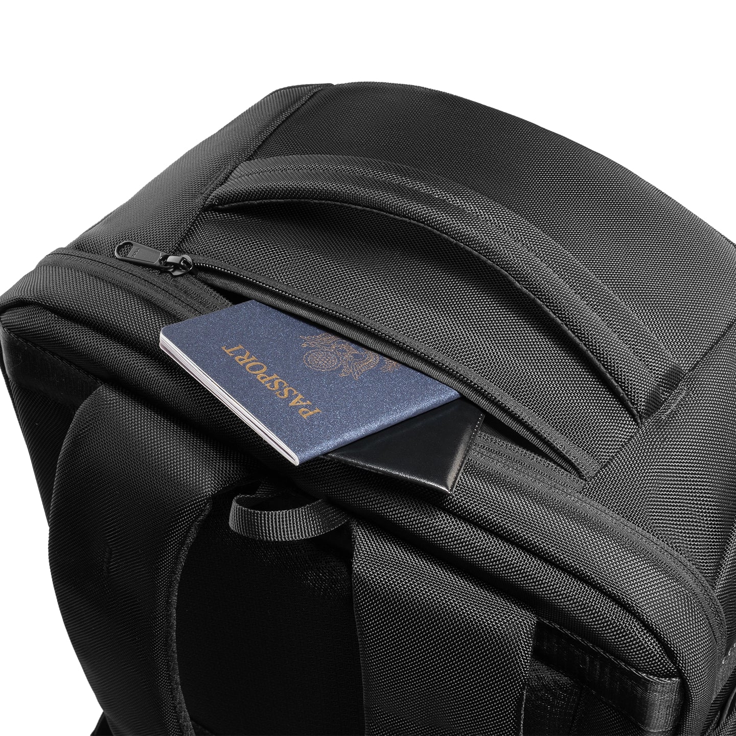 Mark Ryden Aegis Fortress backpack with blue passport in top pocket