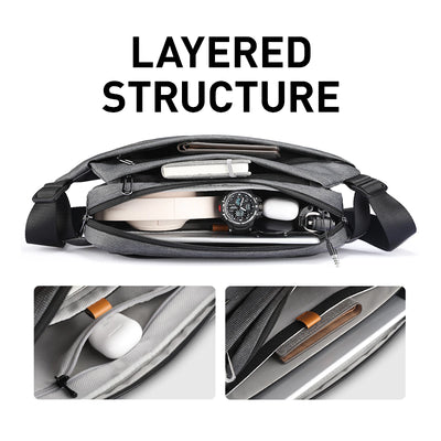 Gray layered leather city commuter messenger bag with organized compartments - Mark Ryden Global