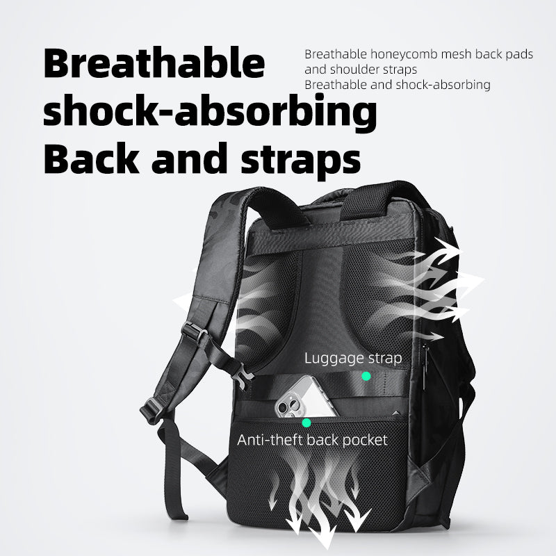 Compacto Pro I 30L Tactical Commuter Backpack back view: black with breathable honeycomb mesh back pads, anti-theft back pocket, and luggage strap for urban commuters.