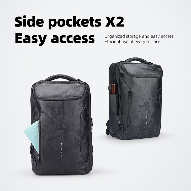 Mark Ryden Global Compacto Pro tactical commuter backpack with camo pattern, dual side pockets, easy access